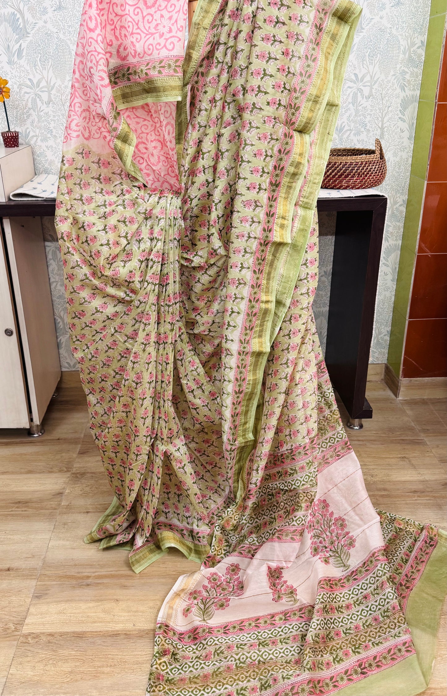 HARITHA : HAND BLOCK PRINTED MAHESHWARI SILK COTTON SAREE