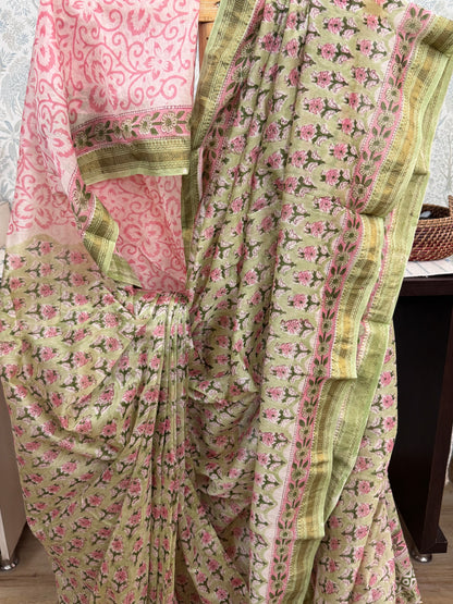 HARITHA : HAND BLOCK PRINTED MAHESHWARI SILK COTTON SAREE