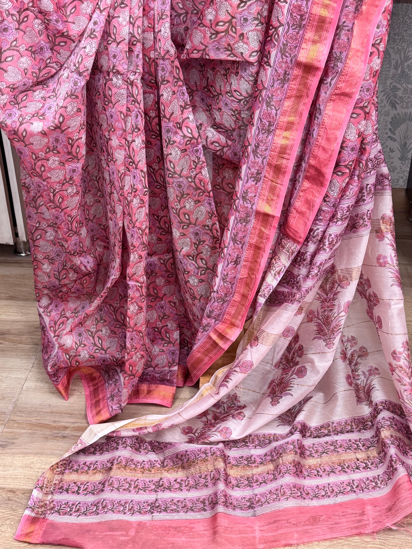 RUKMINI : HAND BLOCK PRINTED MAHESHWARI SILK COTTON SAREE