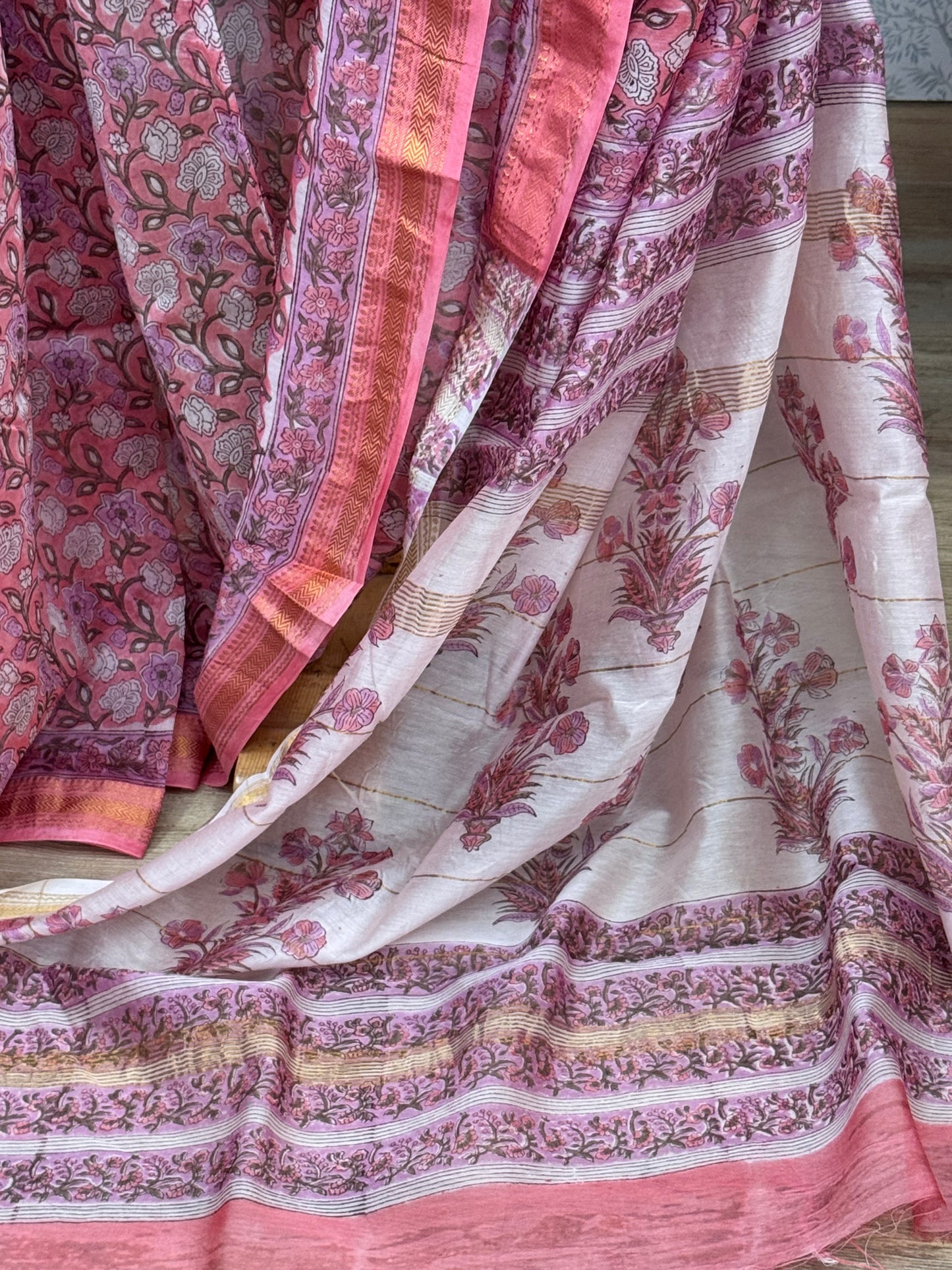 RUKMINI : HAND BLOCK PRINTED MAHESHWARI SILK COTTON SAREE