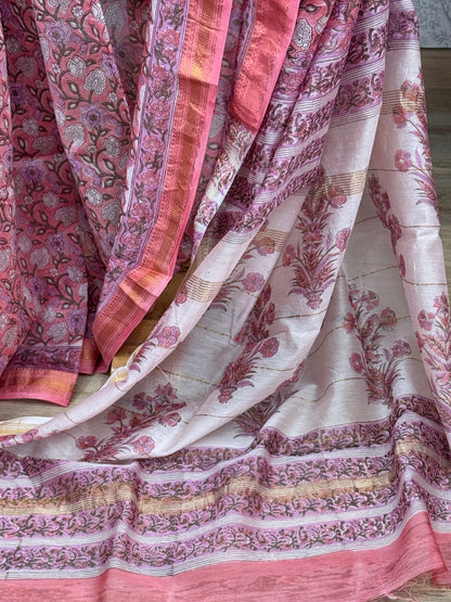 RUKMINI : HAND BLOCK PRINTED MAHESHWARI SILK COTTON SAREE