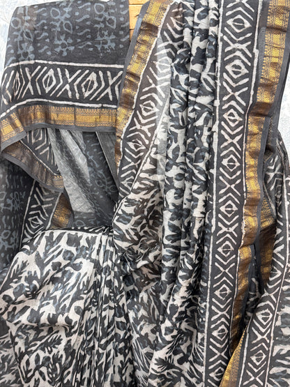 RAKSHA : HAND BLOCK PRINTED MAHESHWARI SILK COTTON SAREE