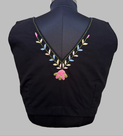 Black blouse with colorful floral embroidery