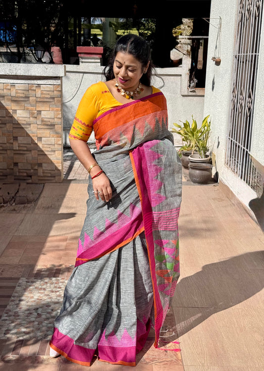 KUMAREE : GREY PURE LINEN JAMDANI SAREE