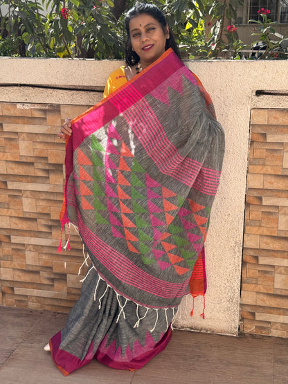 KUMAREE : GREY PURE LINEN JAMDANI SAREE