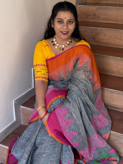 KUMAREE : GREY PURE LINEN JAMDANI SAREE