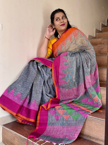 KUMAREE : GREY PURE LINEN JAMDANI SAREE
