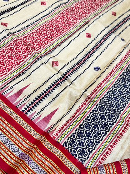 SPRUHA : KARVATI KINAAR TUSSAR SILK JHALA PALLA WITH RED BLUE BORDERS