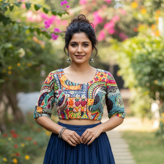 Woman wearing a colorful top and blue skirt in a garden setting