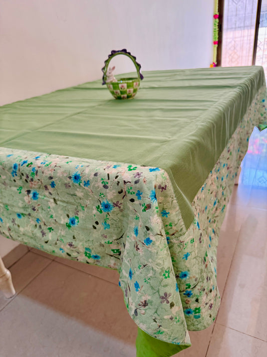PLAIN GREEN WITH FLORAL COTTON TABLE COVER