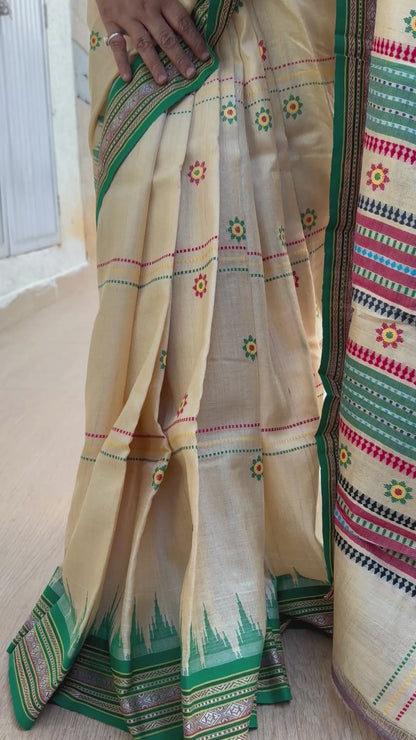 SHAMBHAVI : KARVATI KINAAR TUSSAR SILK JHALA PALLA WITH VERTICLE WOVEN STRIPES, RED AND GREEN BORDERS