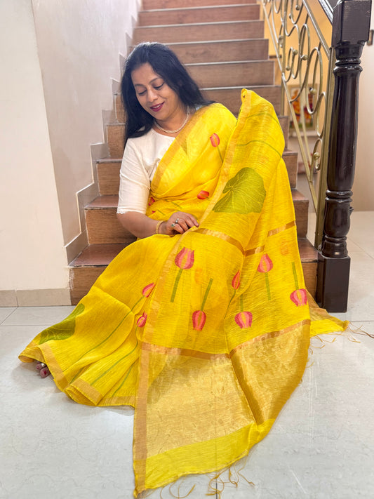 SURYAMUKHI : SILK LINEN SAREE WITH LOTUS