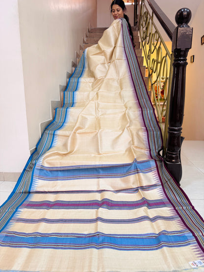 URVASHI : VIDARBHA TUSSAR KARVATI KINAR SAREE WITH BLUE-BURGUNDY BORDERS