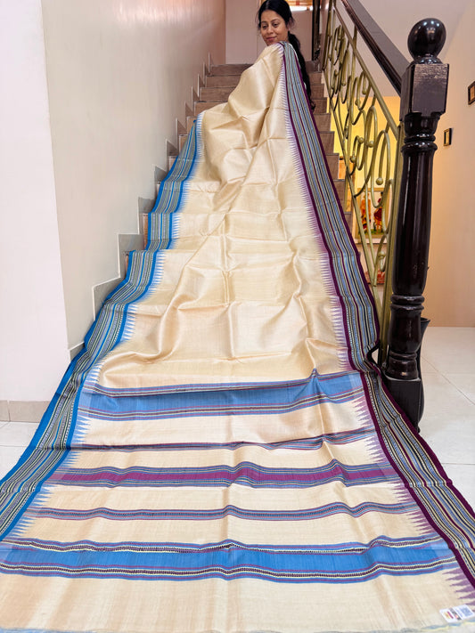 URVASHI : VIDARBHA TUSSAR KARVATI KINAR SAREE WITH BLUE-BURGUNDY BORDERS