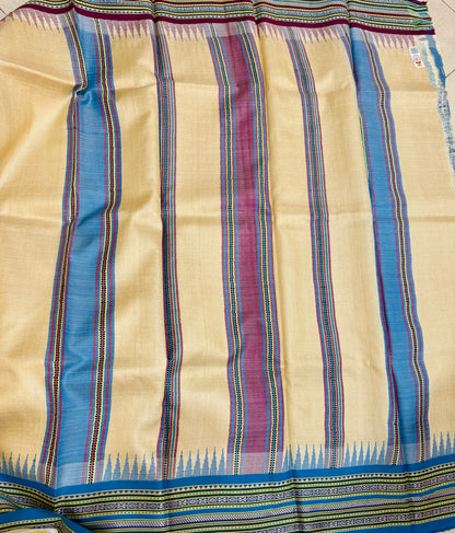URVASHI : VIDARBHA TUSSAR KARVATI KINAR SAREE WITH BLUE-BURGUNDY BORDERS