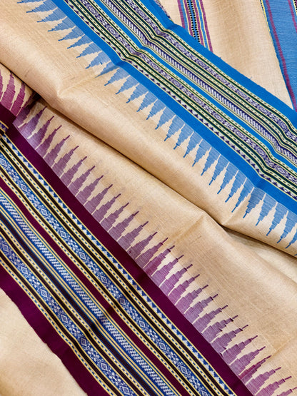 URVASHI : VIDARBHA TUSSAR KARVATI KINAR SAREE WITH BLUE-BURGUNDY BORDERS