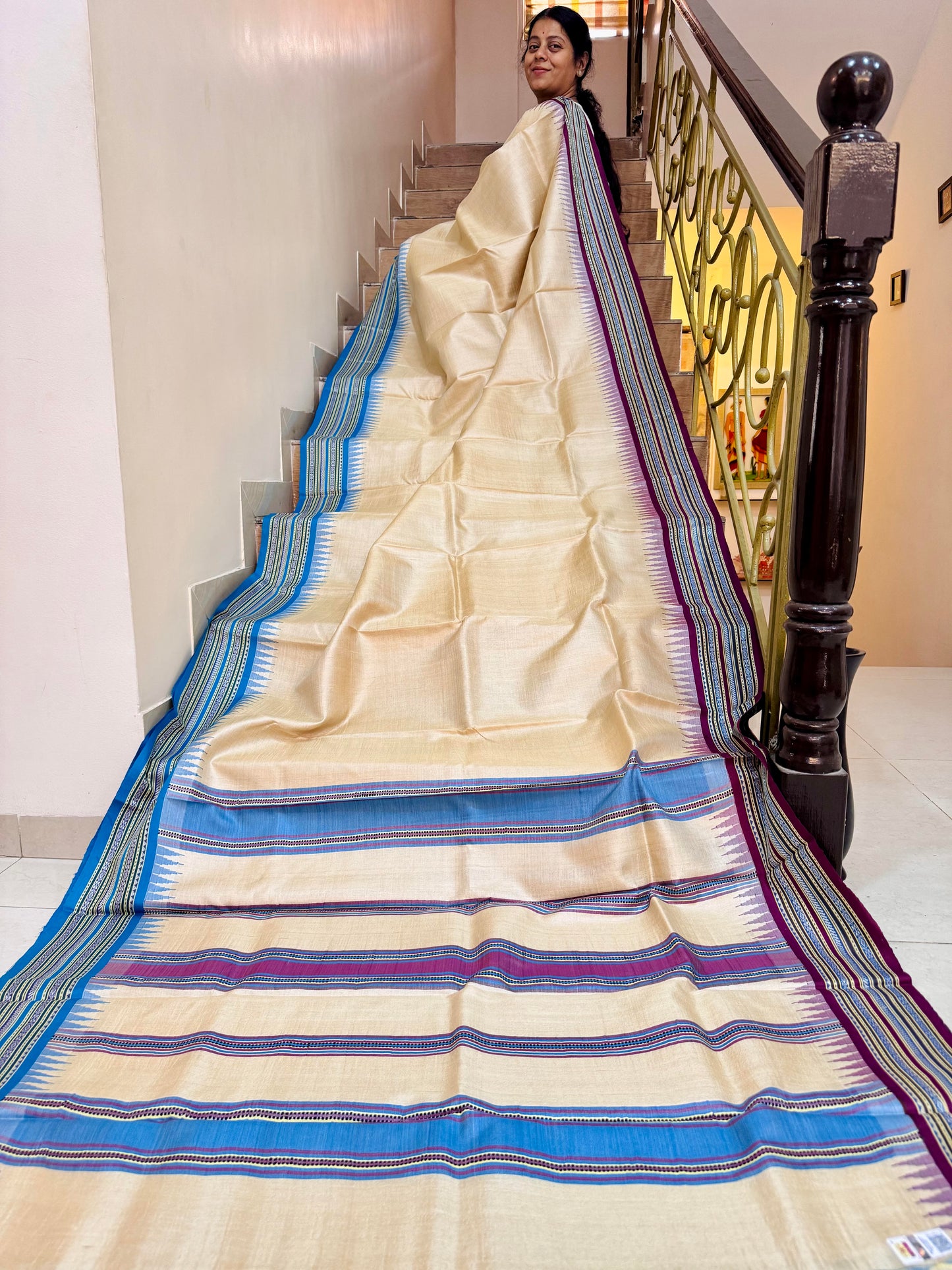 URVASHI : VIDARBHA TUSSAR KARVATI KINAR SAREE WITH BLUE-BURGUNDY BORDERS