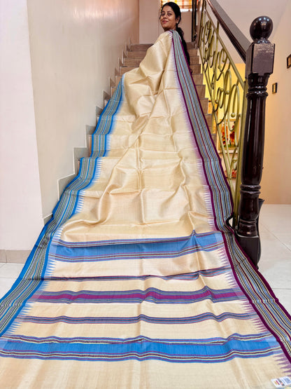 URVASHI : VIDARBHA TUSSAR KARVATI KINAR SAREE WITH BLUE-BURGUNDY BORDERS
