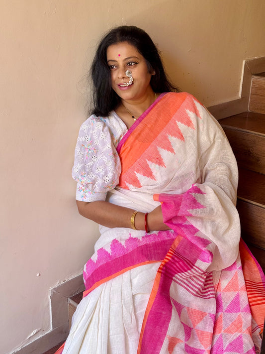 PREMAA : WHITE PURE LINEN JAMDANI SAREE