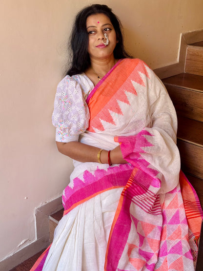 PREMAA : WHITE PURE LINEN JAMDANI SAREE