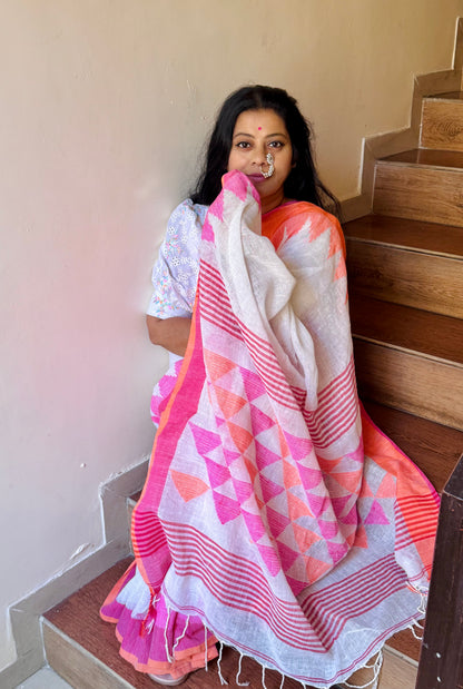 PREMAA : WHITE PURE LINEN JAMDANI SAREE