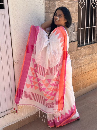 PREMAA : WHITE PURE LINEN JAMDANI SAREE