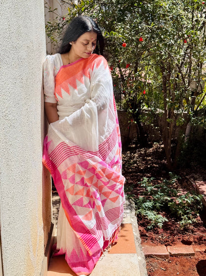 PREMAA : WHITE PURE LINEN JAMDANI SAREE