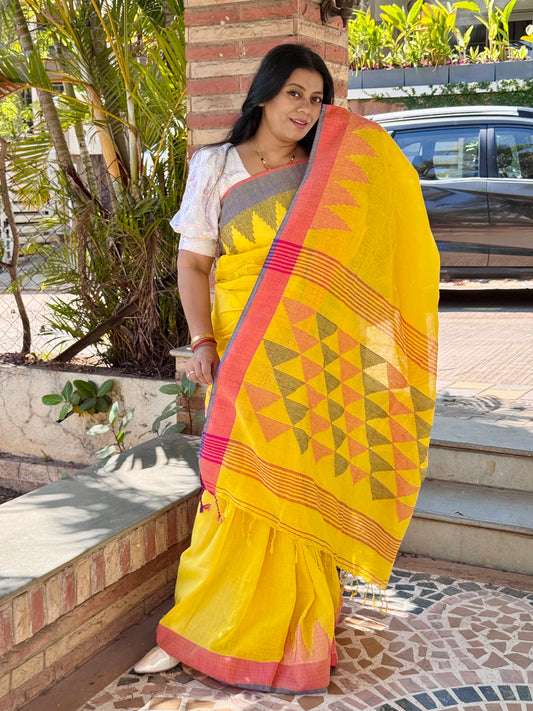 BHAIRAVI : YELLOW PURE LINEN JAMDANI SAREE